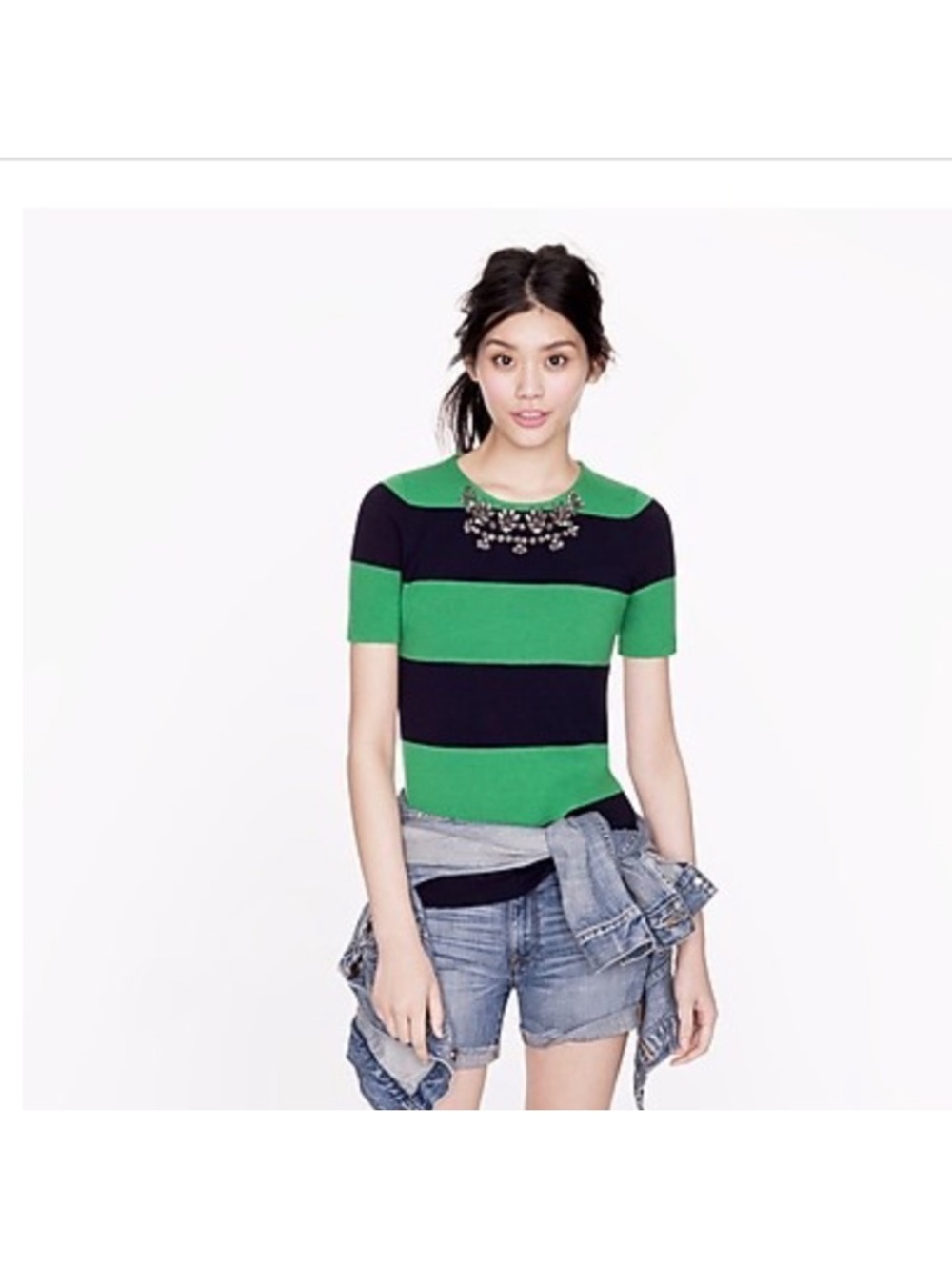 J. Crew Short-Sleeve Striped Crewneck Top in Green and Black